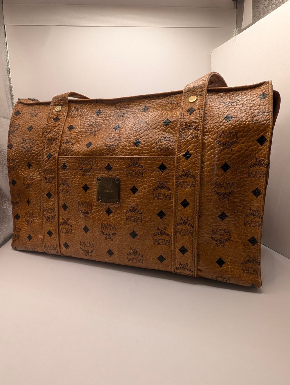 Authentic MCM Visetos Cognac Canvas Large Shopper Tote